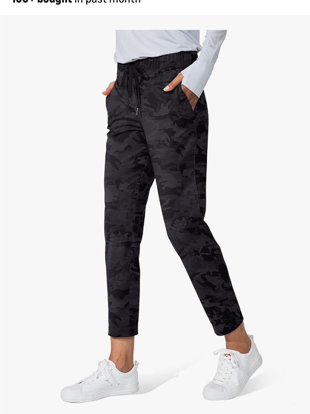G-Gradual Women's Black Camo Drawstring Pants - Petite Medium